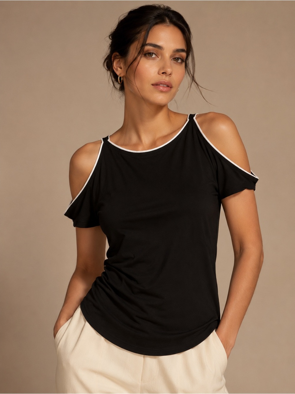 Cable & Gauge Black Cold-Shoulder Tee with White Trim